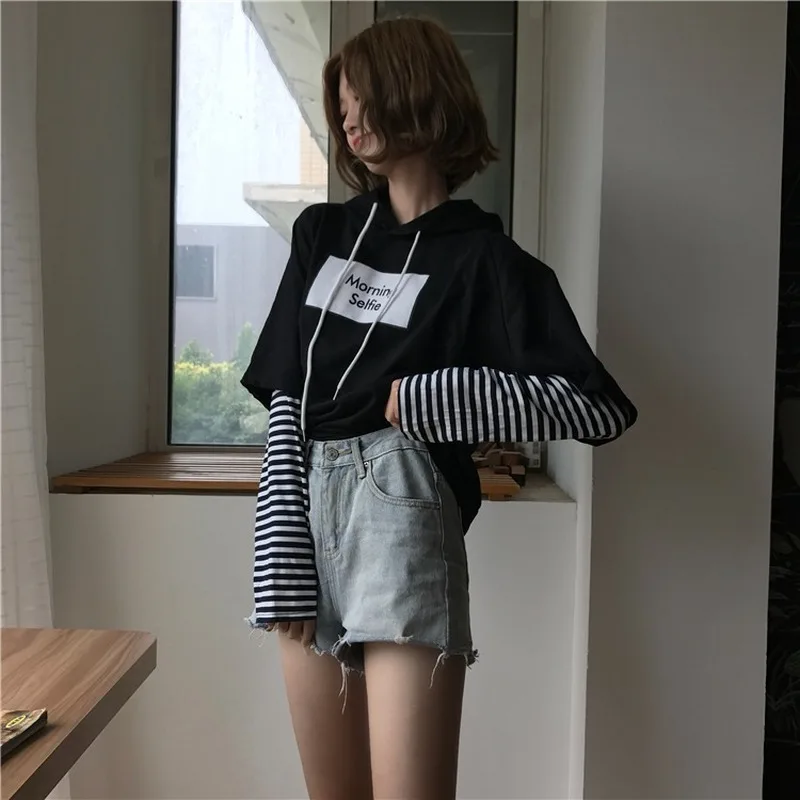 Woherb, новинка весны, Harajuku, уличная мода, толстовки для женщин, поддельные, 2 штуки, в полоску, с длинным рукавом, Корейская уличная одежда, свободная