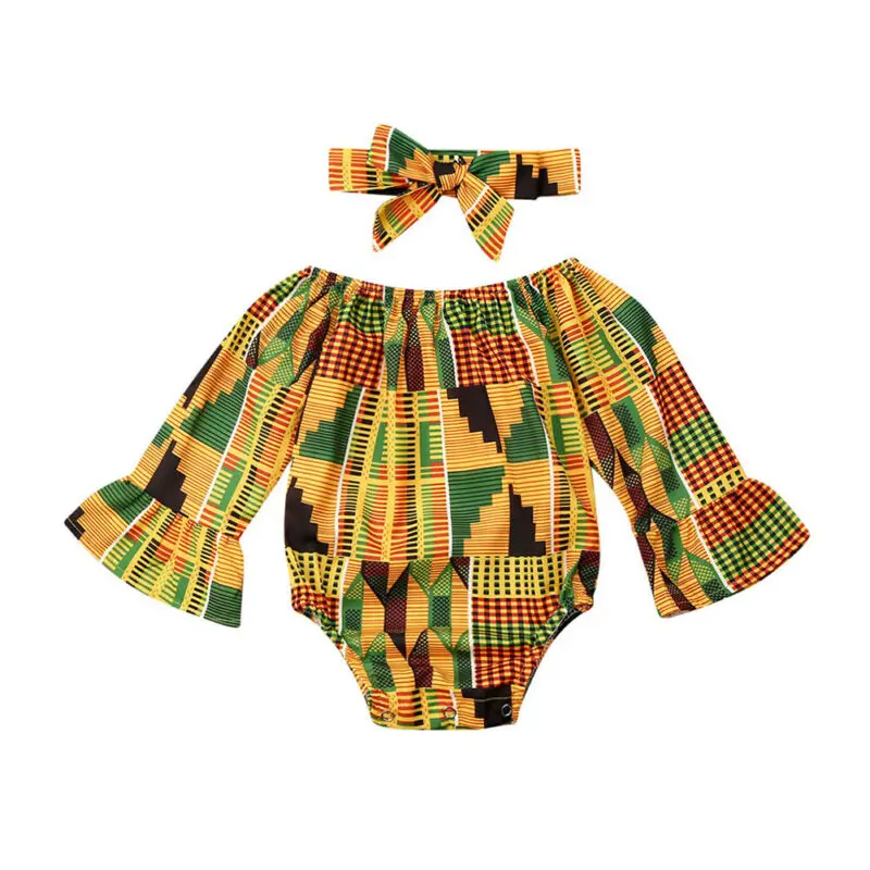 

Newborn Infant Baby Girl Boho Print Cloth Long Sleeve Flare Sleeve Bodysuit Jumpsuit Outfits Casual Autumn 2Pcs 0-24M