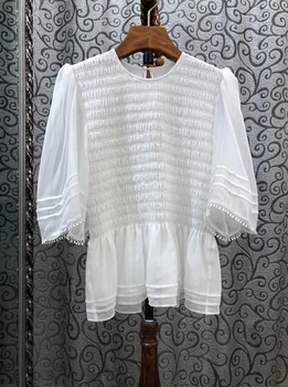 

2020 Spring and Summer New Women's Crew Neck Wrinkled Crimp Stripes he ye bai Panel Long-Sleeve Wild Top 409