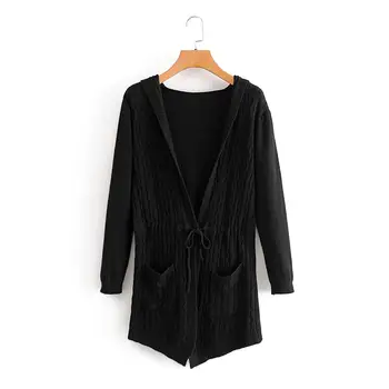 

2020 early autumn new women European and American style hooded knitted cardigan mid-length versatile lace-up sweater jacket