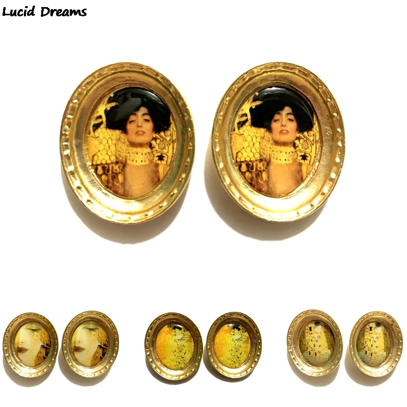 Ювелирные изделия с картинами поцелуй произведения Климта живопись серьги гвоздики для женщин круглая фоторамка из сплава ювелирные изделия ручной работы подарки специальные