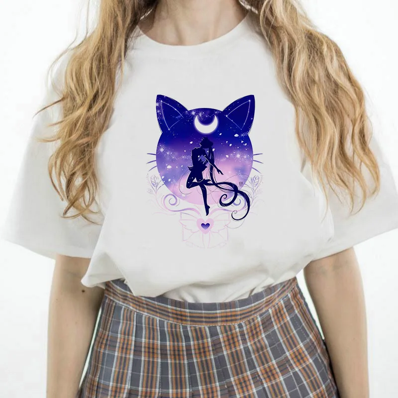 Sailor Moon летняя футболка для женщин Harajuku короткий рукав забавная футболка Ulzzang футболка с милым котом женские футболки с героями мультфильмов