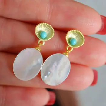 

Earring 925 sterling silver with natural stone turquoise and Mother of pearl drop Earrings vintage party Fine jewelry for women
