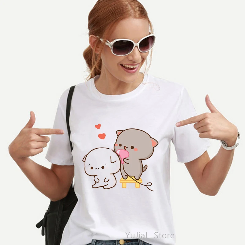 Kawaii Women'S Clothing Peach And Goma Mochi Cat Cartoon Print Tshirt Femme Korean Style Clothes Harajuku T Shirt Tops tee shirts