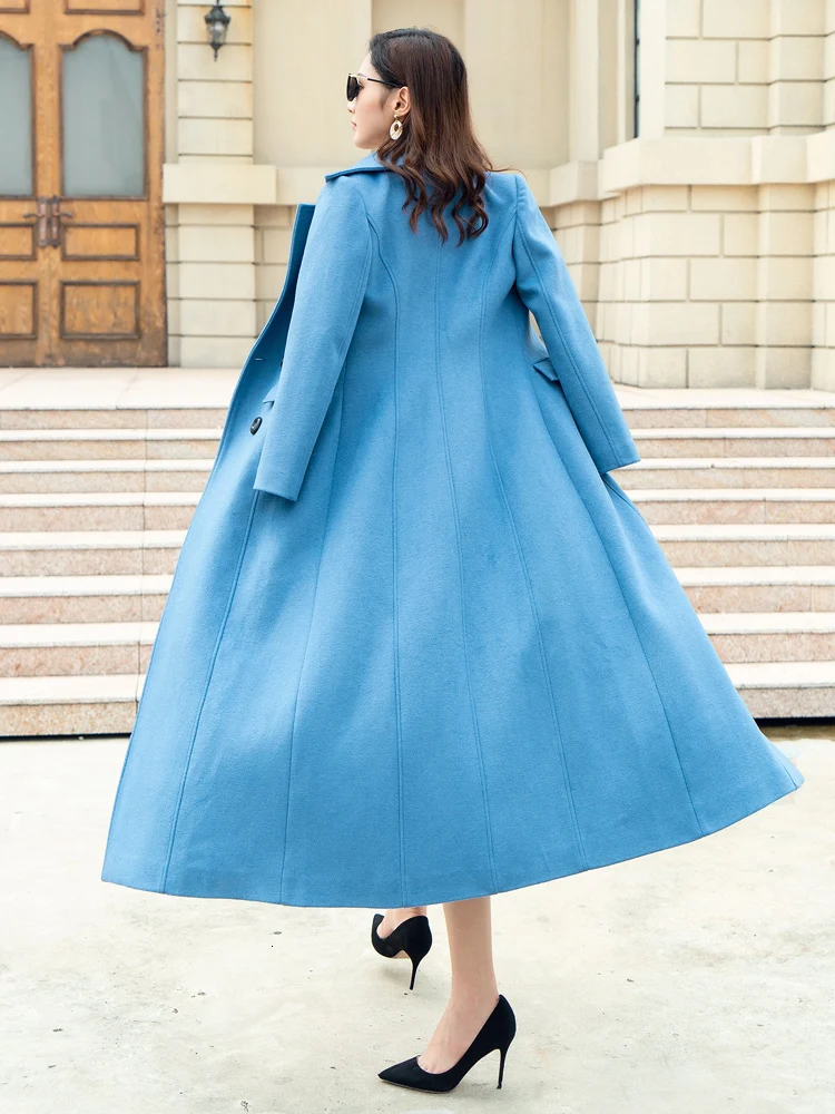 Зимнее шерстяное пальто, синее длинное тонкое пальто для женщин, Manteau Femme S/XXXL