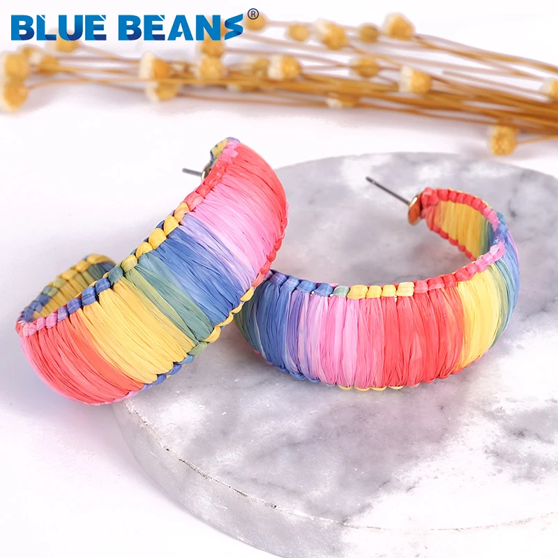 

Bohemian Oversized Colorful Round Drop Earring Raffia Rattan Earring for woman Fashion Statement summer Geometric Jewelry Bijoux