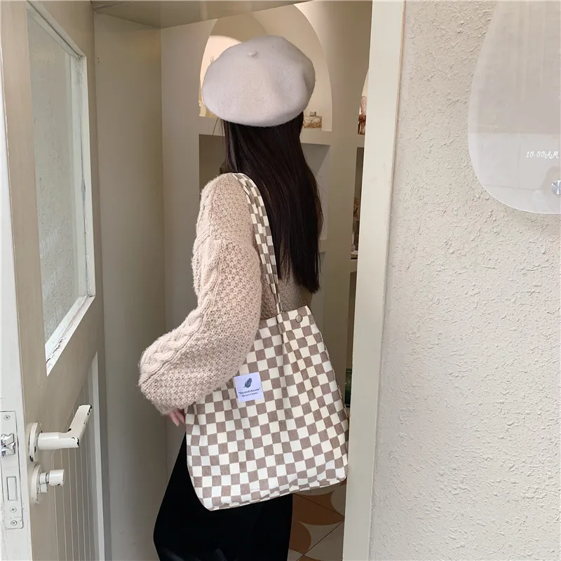 Chess Print Women Corduroy Canvas Tote Handbag Books Shoulder Bags Ladies Cloth Shopping Bag Vintage Plaid Design Cotton Purse