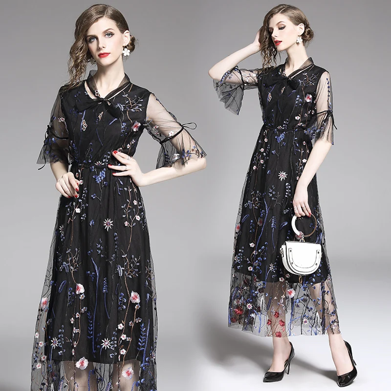 2019 spring and summer new women's retro embroidery seaside holiday slim section V-neck trumpet sleeve Women's Clothing Dresses