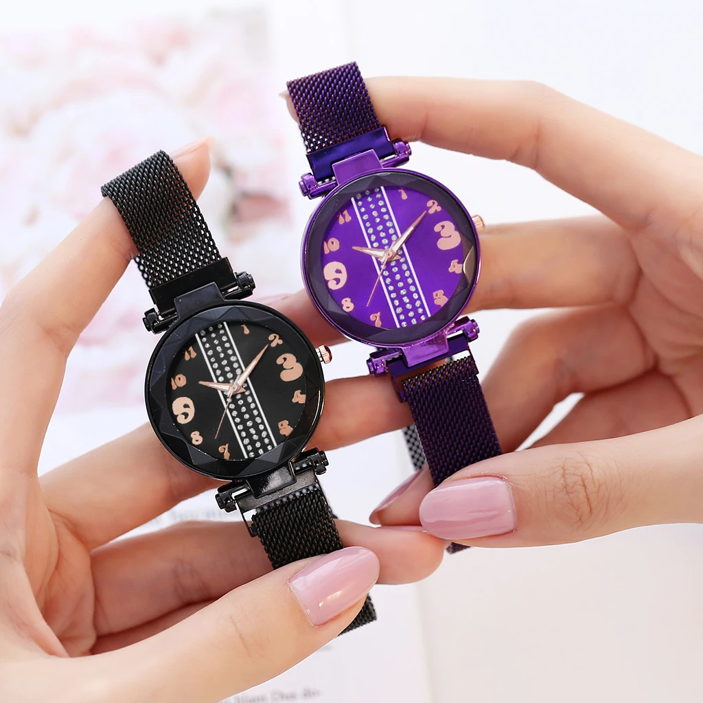 Горячая женские с магнитом пряжка часы Роскошные женские из нержавеющей стали сетки кварцевые часы с ремешком подарок часы Relogio Feminino