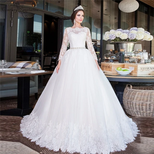 $ Princess Wedding Dresses Ball Gown Long Sleeve Beaded Belt Button Back Lace Appliques Luxury Bridal Gowns Dubai Vestido De Noiva