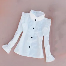 Корейская модная одежда Длинные рукава милые белые рубашки с оборками Блузка; Весна-лето для девочек вечерние