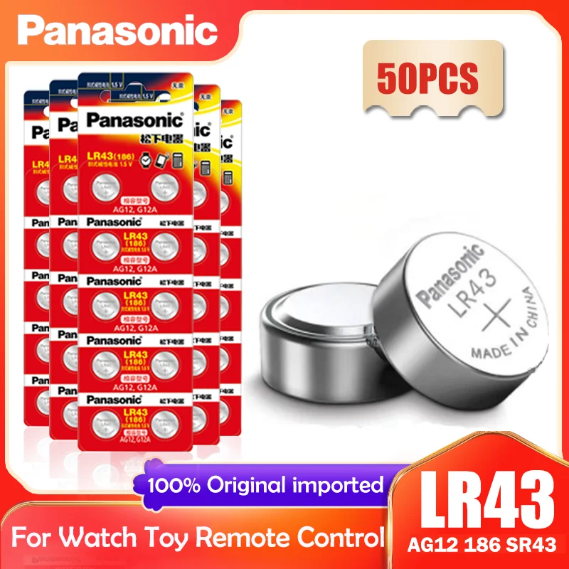 50PCS Panasonic LR43 AG12 186 1.5V Alkaline Battery 386 SR1142 LR1142