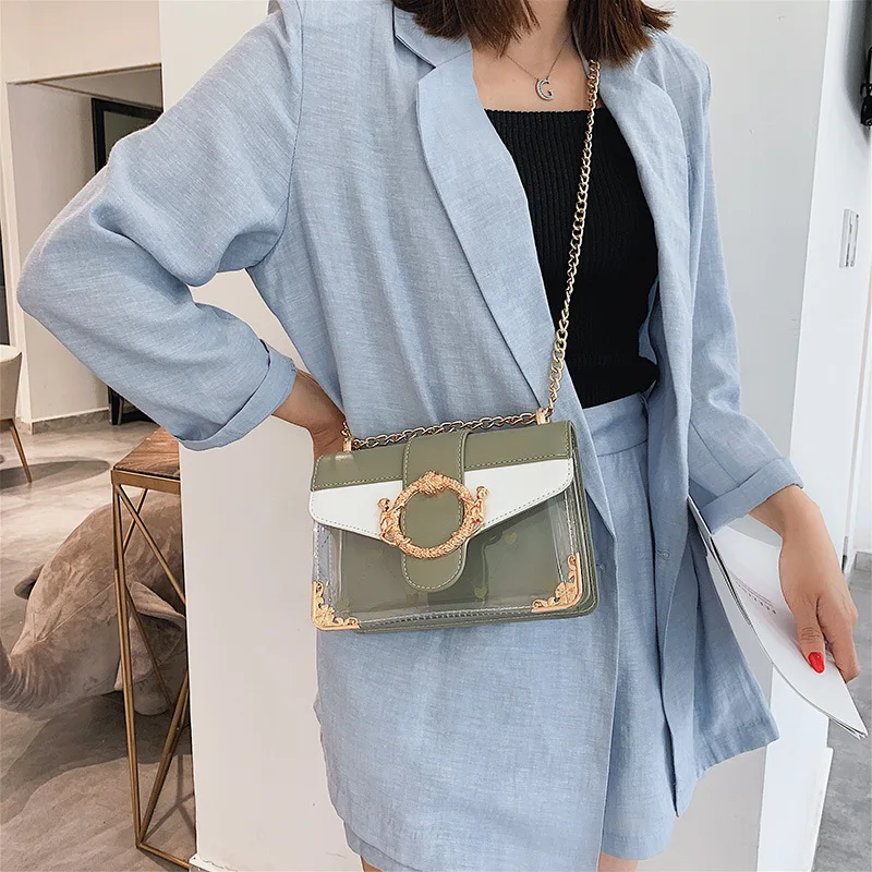 

Textured Bag Women's 2019 New Style Korean-style Double Monkey Fishing Gold Lock Transparent Square Sling Bag Chain Contrast Col