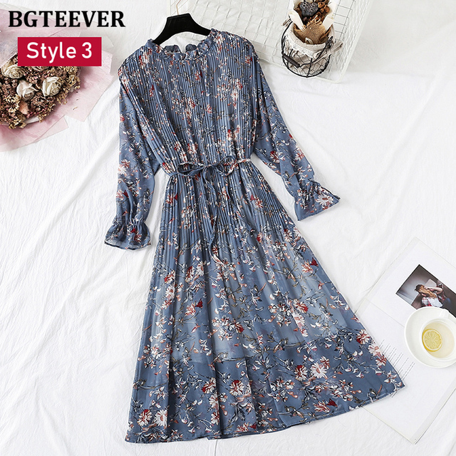 Spring Stand Collar Floral Print Women Dress Lace Up Female Pleated Dress Summer Party Midi Chiffon Vestidos femme 2021