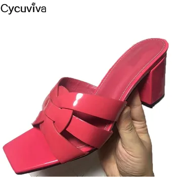 

Runway Cross Braid Mules Chunky High Heels Shoes Square Toe Women Slippers Designer Sandals Fashion Party Dress Shoes Woman