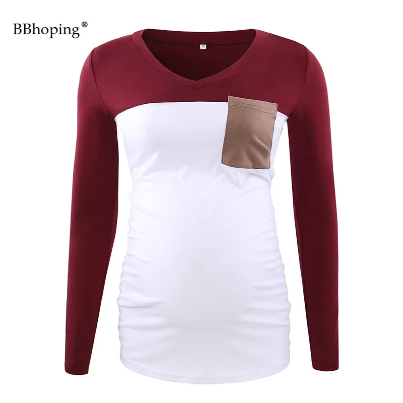 

Women's Maternity Tops Long Sleeve V Neck Casual Blouse With Pocket Pregnancy Color Matching Patchwork Shirred Autumn Clothes