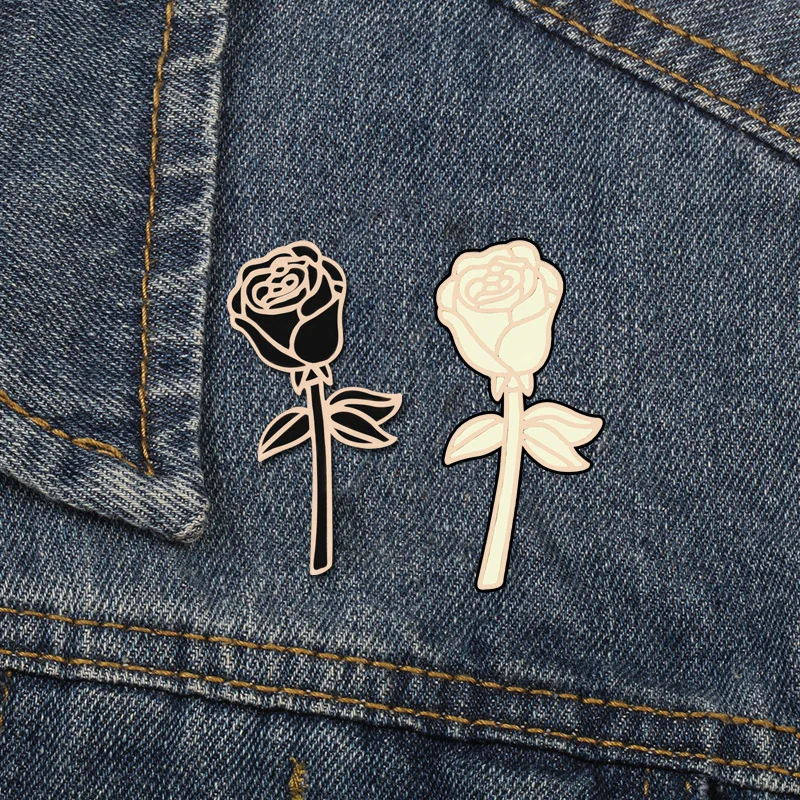 

Black And White Rose Flower Enamel Pins For Women Men Denim Hat Jackets Lapel Pins Badge Jewelry Romantic Decoration Gifts