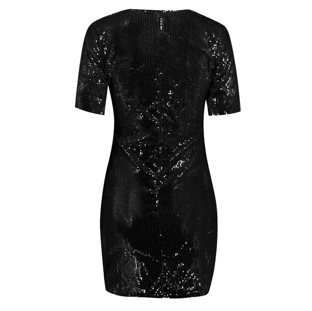 BK Womail Fashion Повседневное женское платье Для летних вечеринок сексуальное платье с v-образным воротом, сумка в стиле «Хип нерегулярные короткий рукав блестками Высокая талия мини-платье - Цвет: BK