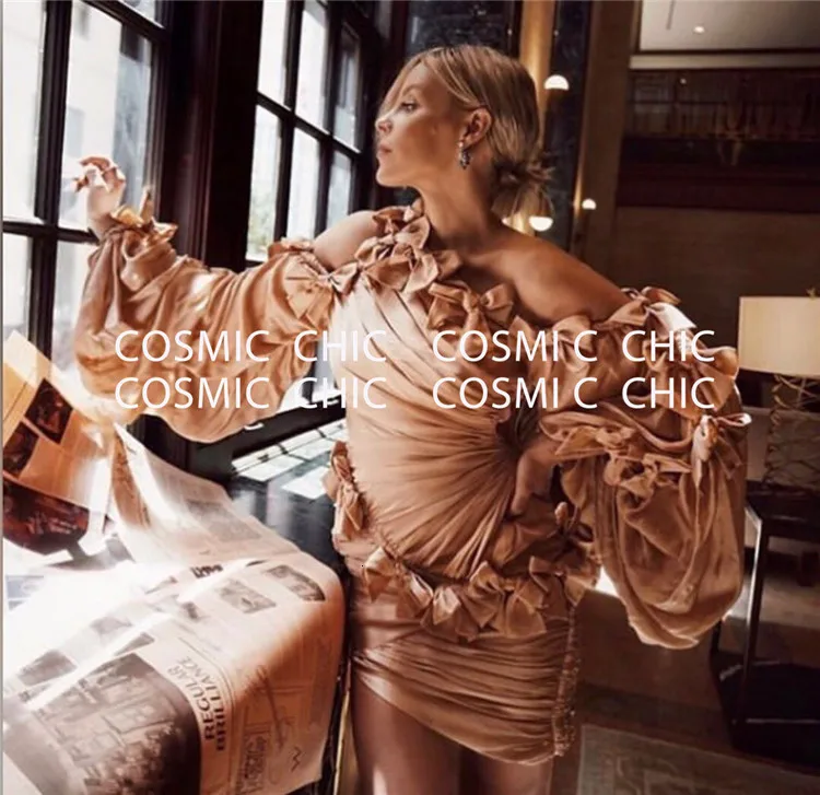 Cosmicchic элегантные сексуальные нестандартные платья с бантом и открытыми плечами, мини платья для вечеринок, косой воротник, фонарь, длинный рукав, облегающее розовое платье