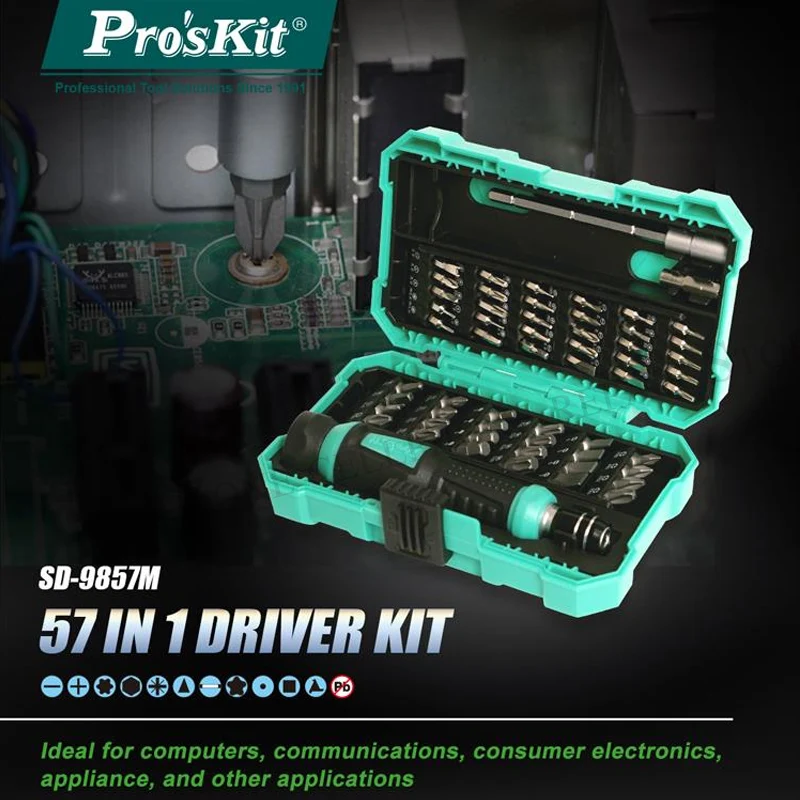

Набор инструментов Pro'skit SD-9857M 57 в 1, Набор прецизионных отверток, электронные биты, удлинитель, инструмент для ремонта телефонов и планшетов