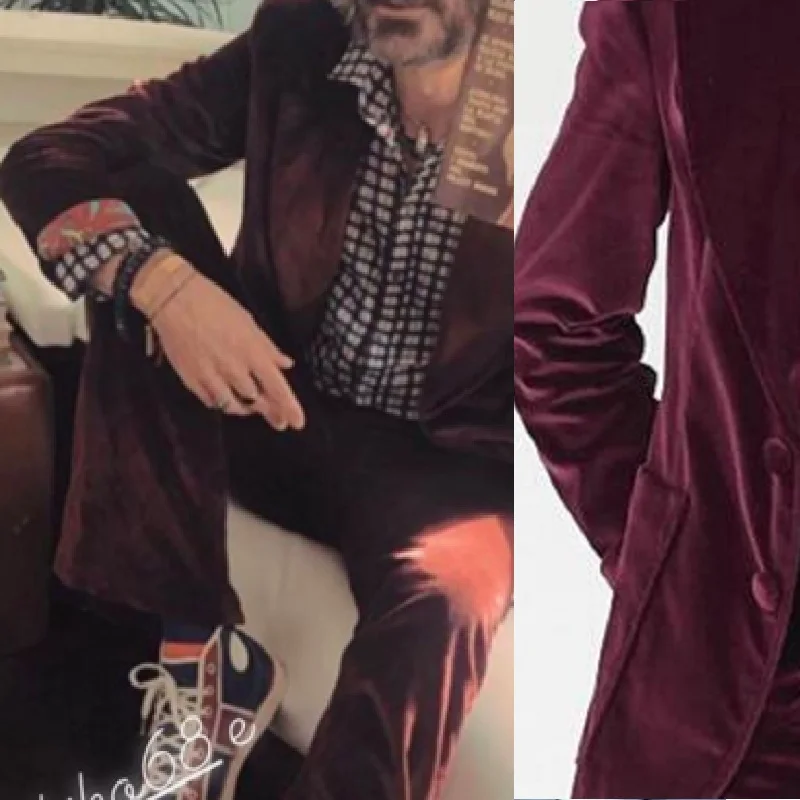 Wine Red Velvet Jacket and Flared Trousers Mens Suits for Wedding Man Blazer Bell-bottom Pants 2PCS Groom Tuxedos Trajes De Ni&ntilde;o