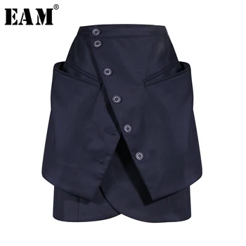 

[EAM] High Waist Dark Blue Button Irregular Pocket Split Half-body Skirt Women Fashion Tide New Spring Autumn 2020 1U777