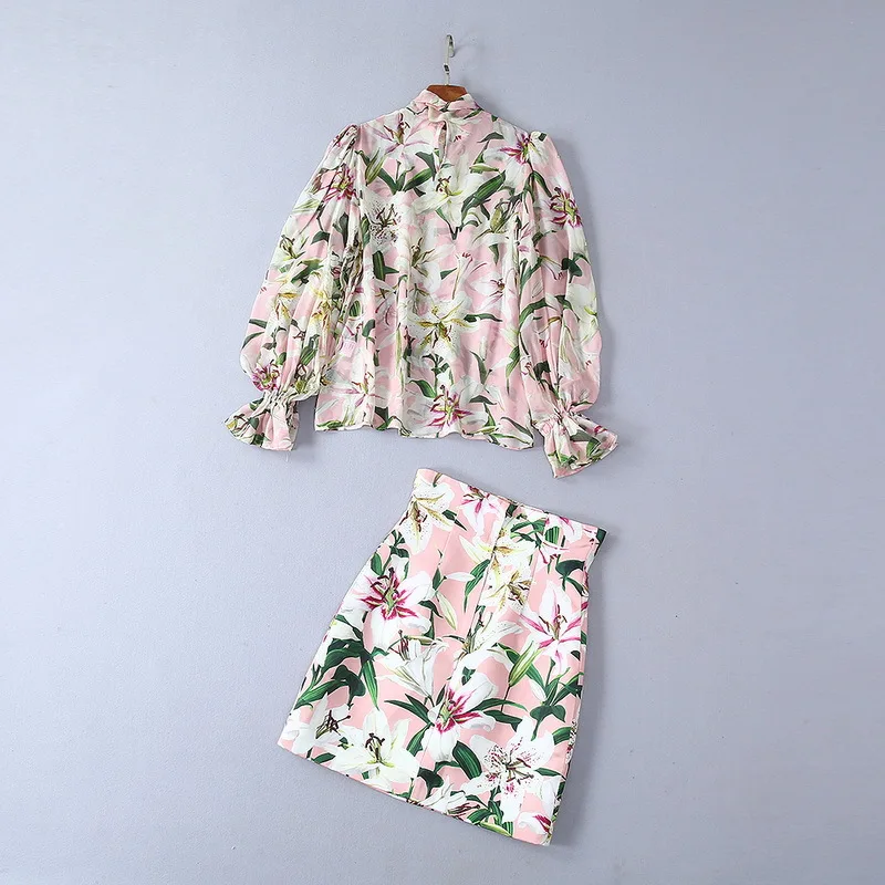 Элегантный женский комплект из 2 предметов, осень 2019, розовая шелковая блузка с длинными рукавами и цветочным принтом + хлопчатобумажная