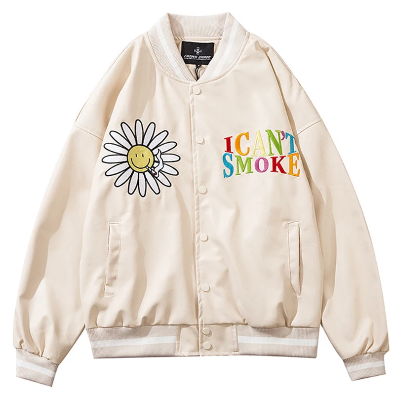 PU Leather Bomber Jacket Men Daisy Letter Embroidery Patch Baseball Coats 2021 Couple Oversize High Street Streetwear Male 1