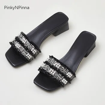 

summer designer women slippers shining pearls fabric upper chunky heels party casual luxury royal style plus size ladies shoes