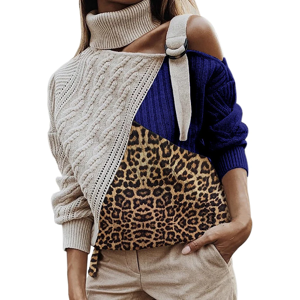 NIBESSER леопардовые Лоскутные Свитера с высоким воротом женские сексуальные с открытыми плечами цветные вязаные свитера пуловер с широкими рукавами Топы - Цвет: D