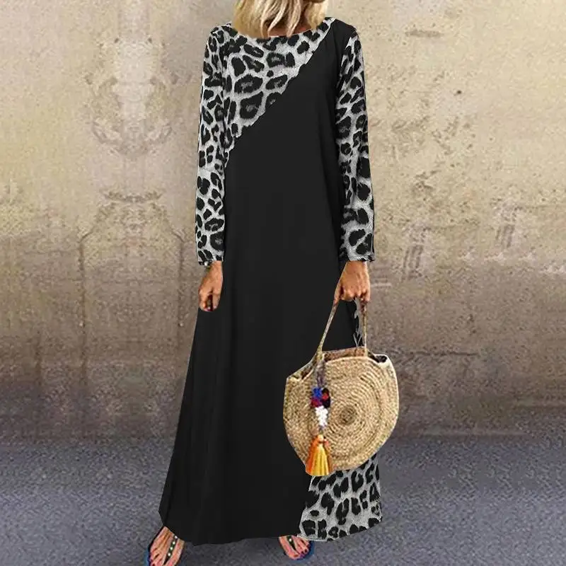 Celmia Dress Fashion Kaftan Patchwork Leopard Maxi Long Dress Women Vintage Dress Long Sleeve Casual Loose Vestidos Party Robe