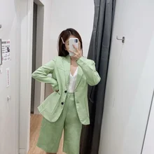 

Summer Two Piece Set Linen Blazer 2021 Women Sweet Fashion Single Breasted Casual Office Blazer + High Waist Middle Pants Suits
