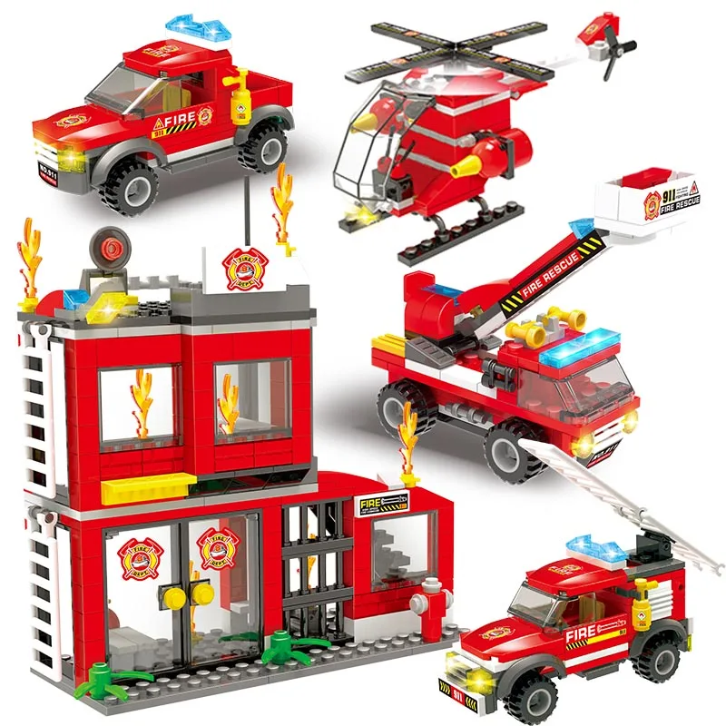 

593 pcs ing City Police Fire station helicopter 3 police car Building Blocks Toys for Children Bricks Gifts for boy