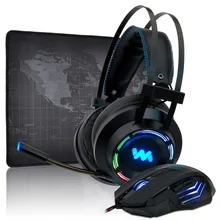 Игровая гарнитура 7,1 с глубоким басом, Стерео Игровые наушники с микрофоном, цветной светодиодный светильник для ПК, ноутбука+ игровая мышь+ коврик для мыши