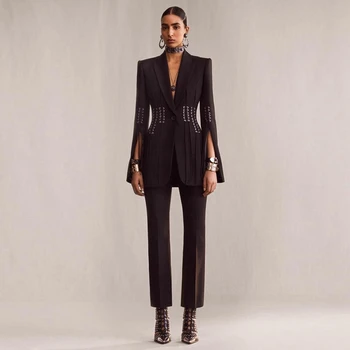 

2019 Fashion Women Black two 2 Pieces Lace Up Long Sleeve Sexy Jumpsuit Autumn Winter V Neck Celebrity Party Verano Jumpsuits