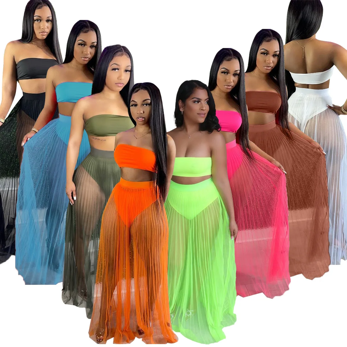 Ver a través de malla de las faldas de las mujeres hombro + Top corto sin mangas + Panty Bikini traje de verano 2021 de vacaciones de neón traje de baño para playa 3 uds