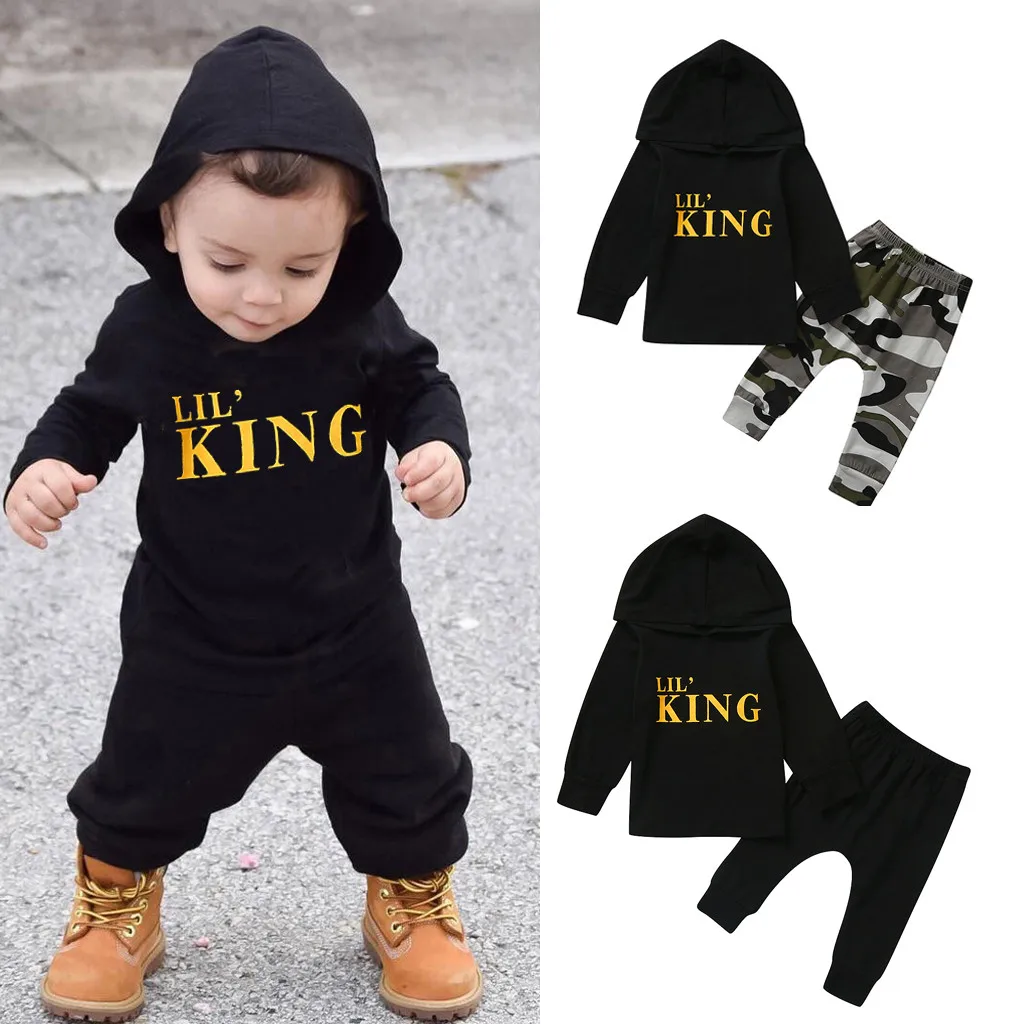 

Toddler Kids Outfits Baby Boy Long sleeve Letter Hoodie T Shirt Tops lil king + Cotton Blend Camo Pants Outfits Clothes Set 2019