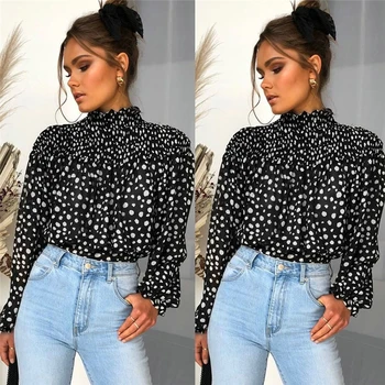 

Fashion women chiffon blouse and top 2019 spring Long sleeve Puff blouse ruffles Chiffon lady shirt Dot pattern Lady blouse