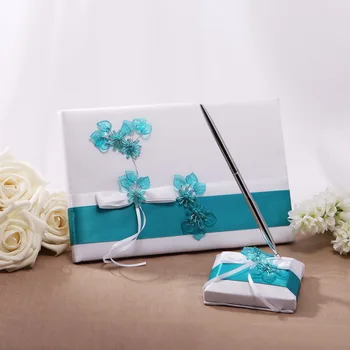 

Satin Romance with BLUE Color Acrylic Flowers Wedding Guestbook & Pen Set