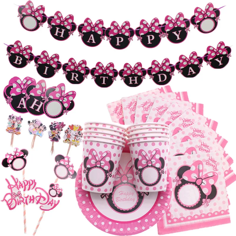 Minnie Mouse de Disney suministros para temática de fiesta y cumpleaños taza placa cumpleaños niños niñas fiesta globo decoración vajilla desechable conjunto