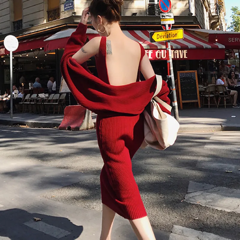

High Quality Autumn Winter Two Piece Set Women Simple Long Sleeve Knitted Cardigan Coat Tops + Sexy Backless Sweater Dress Suit