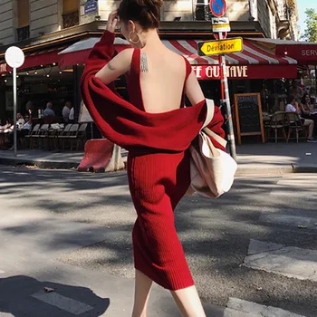 

High Quality Autumn Winter Two Piece Set Women Simple Long Sleeve Knitted Cardigan Coat Tops + Sexy Backless Sweater Dress Suit