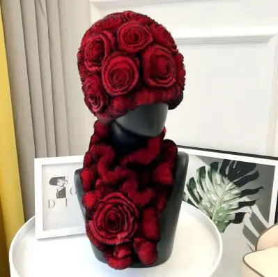 Black tip red set Женский вязаный Настоящий мех кролика наборы шарф шапка натуральный теплый мех кролика рекс Шарфы шапки зима леди Настоящий мех кролика шапка шарф - Цвет: Black tip red set
