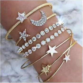 

4 Pcs/set Crystal Charm Gold Bracelets & Bangles For Women Heart Star Moon Bracelet Set Femme Fashion Hand Jewelry Wholesale