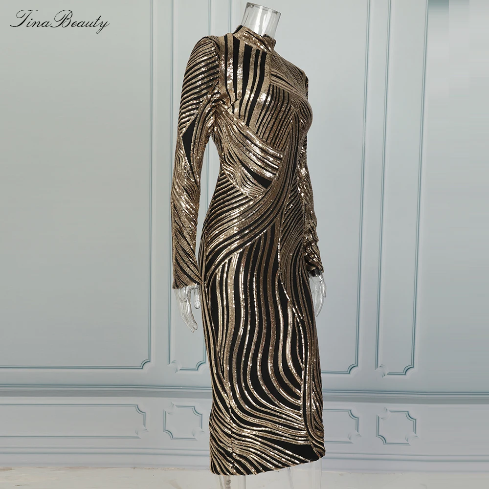 Ceny Tina Beauty eleganckie cekinowe sukienki Celebrity Glitter kobiety Plus rozmiar złoty Midi golf długa sukienka na przyjęcie na bal wieczorowy