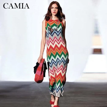 

CAMIA Womens Rainbow Knitted sweater Dresses Striped Super Elastic Maxi Long Summer Female Sleeveless Beach Party Dress Fashion