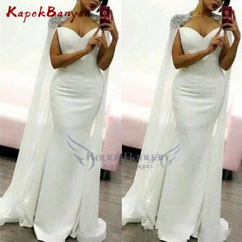 White White Capped Satin Mermaid Long Evening Dresses Applique Beaded Formal Celebrity Dresses Prom Dresses Vestidos De Fiesta - Color: White