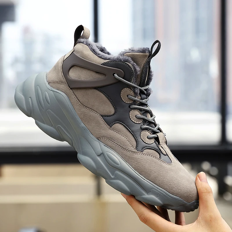 Men's Sneakers Casual Plus Velvet Winter Warm Short Ankle women Boots Plush Man's High-top women Snow Shoes Обувь Мужская - Color: Dark grey