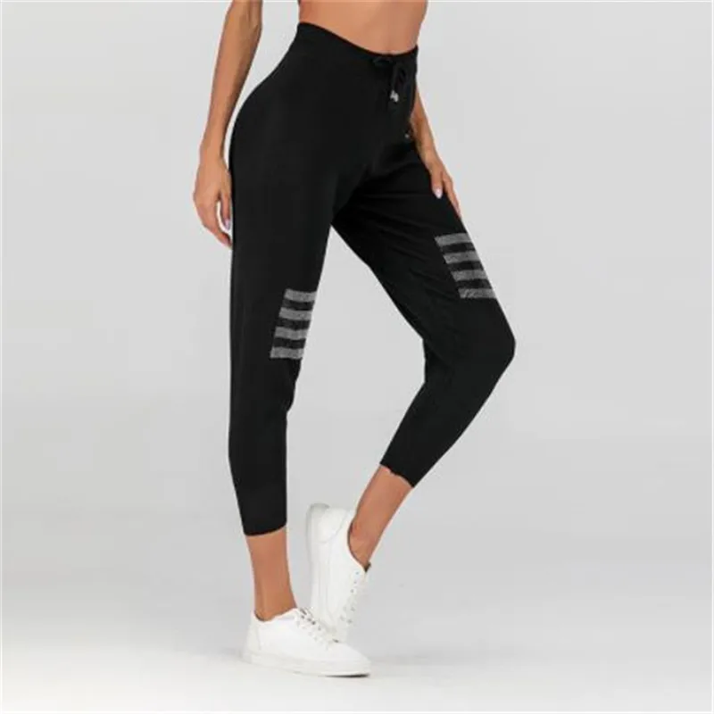 

Womens Slim Designer Pants Beads Striped Print Black Female Clothing Sports Stretch Pants