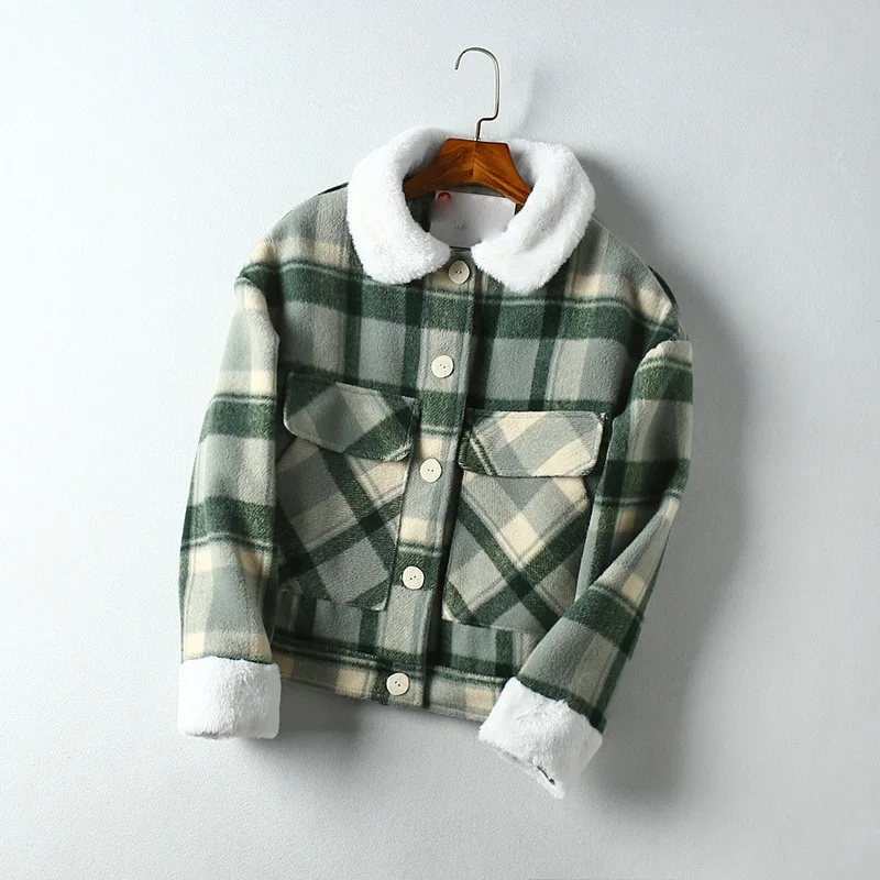 

One's 2019 Short Plaid Graceful Loose-Fit Fold-down Collar Long Sleeve Cotton Coat Coat Women's Entity